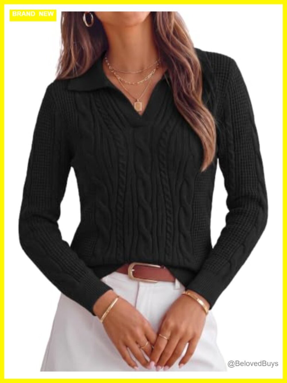 Womens Cable Knit V Neck Polo Pullover Sweater Long Sleeve Fall Winter